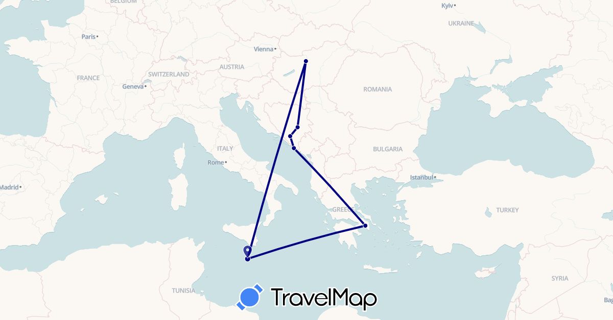 TravelMap itinerary: driving in Bosnia and Herzegovina, Greece, Croatia, Hungary, Malta (Europe)